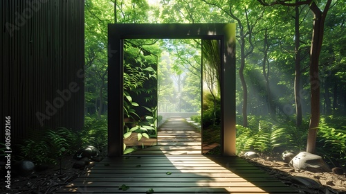 Sleek entrance with a door that displays a virtual journey through a forest © Aeman