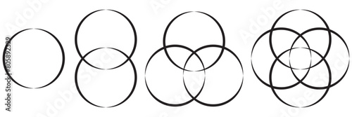 Simple overlapping circles vector drawing, version with three to seven objects, also interlocked rounds style. Vector illustration. Isolated on white background. EPS 10