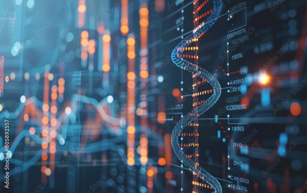 Fototapeta premium A strand of DNA spiraling alongside a graph, representing the intricate connection between biology and economics.