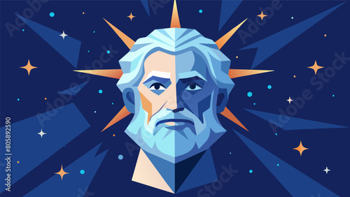 A stoic philosophers head made of stars and shining with wisdom and contemplation.. Vector illustration