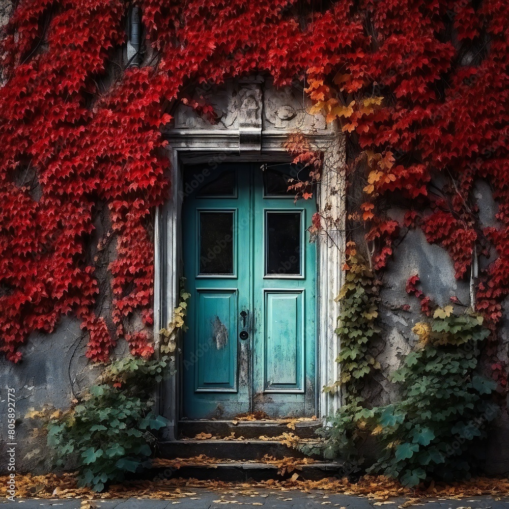 A Blue Door Surrounded By Red Leaves A Blue Door Surrounded By Red Leaves