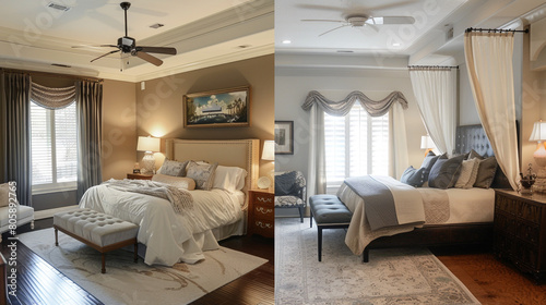 Luxury master suite created from a previously uninspired space with refined decor. photo