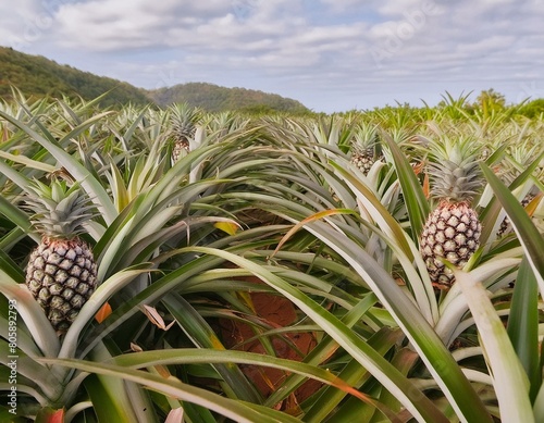 Ananasplantage auf Feld - Bio Ananasfeld - Anansaspflanzen mit Frucht - Ananas sind reif photo