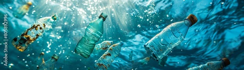 A poignant photograph illustrates the damaging impact of plastic water bottles polluting the sea The crystal-clear ocean is tainted by numerous bottles drifting without purpose