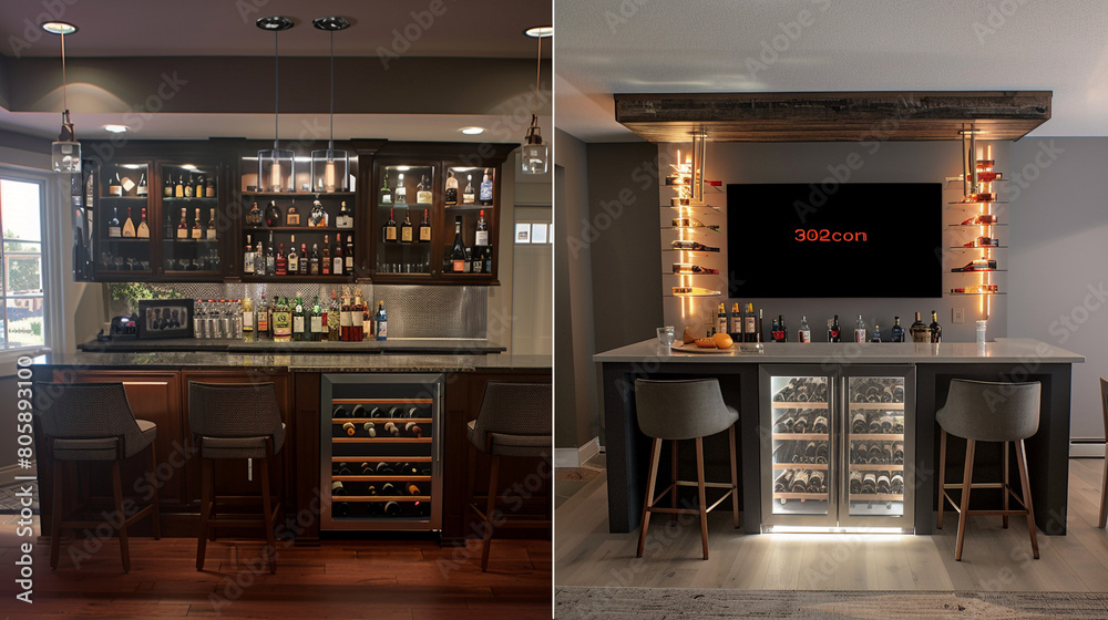 Old bar area transformed into a contemporary social space with integrated wine storage and chic lighting. Old bar area transformed into a contemporary social space with integrated wine storage and chic lighting.