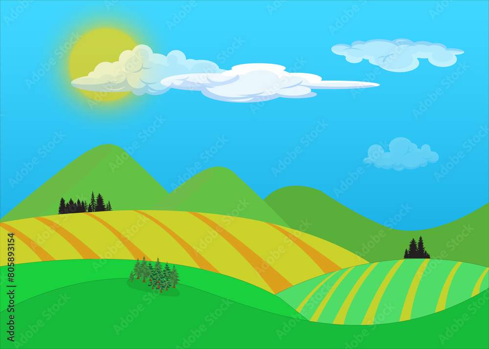 Obraz premium Paysage rural avec champs au premier plan, collines et ciel bleu avec soleil et nuages blancs