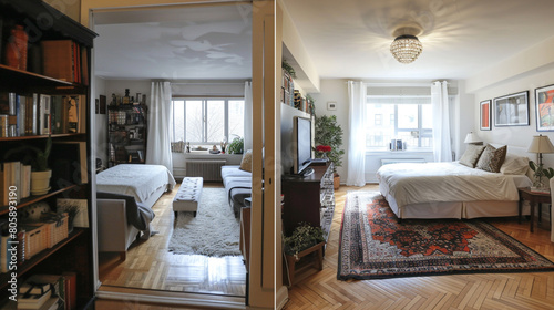Compact studio reconfigured from open space to separated living and sleeping areas. photo