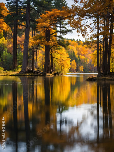 Golden Tranquility, A Vibrant Autumn Landscape Frames a Reflective Lake and Towering Trees.