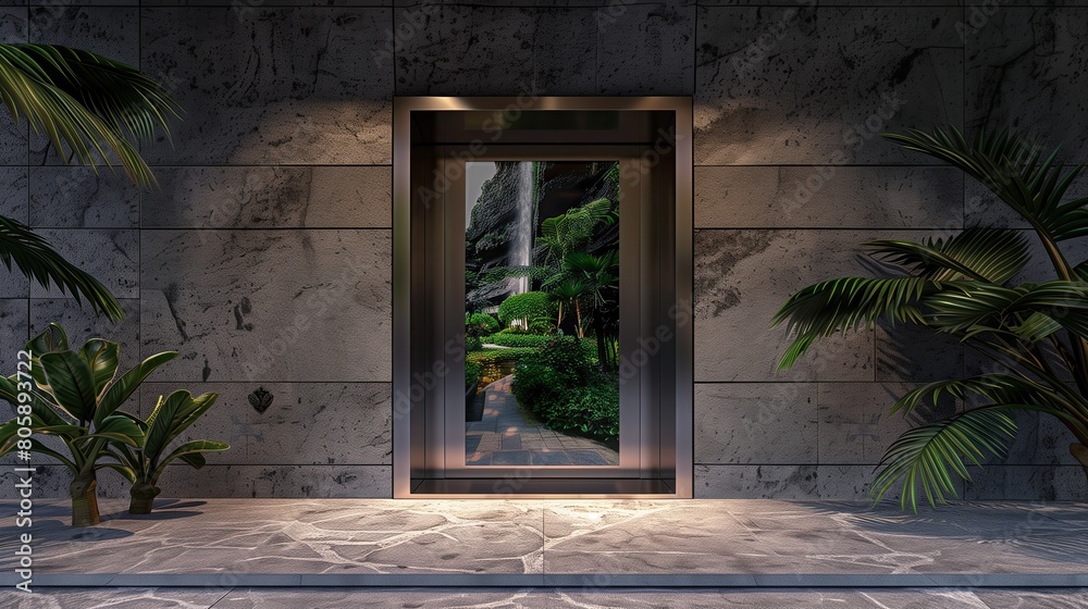 Sleek entrance with a door that displays a virtual tour of famous gardens