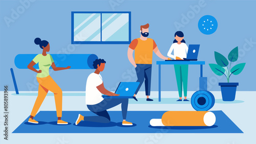 In the break room a yoga mat is rolled out and coworkers are following along with an online yoga video for their midday office fitness club.. Vector illustration