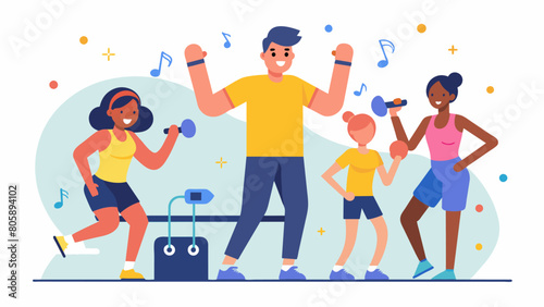 A the leading a cardio workout session while playing energizing music to help clients release negative emotions and improve mood.. Vector illustration