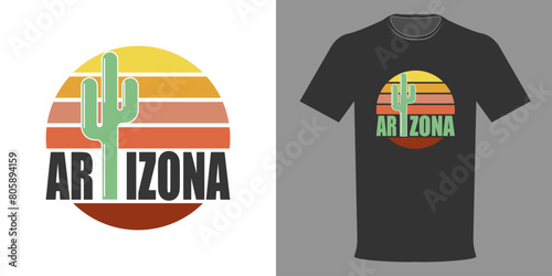 Vector illustration of T-shirt ARIZONA, cactus, sunset and desert. USA typographic print