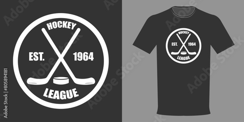 Photography Vector illustration of T-shirt Hockey League, Sticks and puck, minimalist logo t