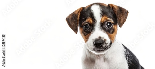 This captivating image showcases a curious Jack Russell Terrier with a striking expression. The dog's big, expressive eyes and floppy ears create an endearing look as it gazes intently at the camera a