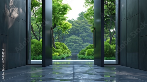 Sleek entrance with a door that has a live feed of a serene forest scene