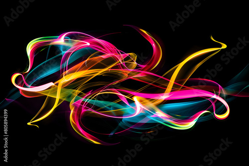 Vibrant neon artistic creation with swirls and curves. A colorful masterpiece on black background.