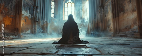 Solitary Monk in Deep Prayer Within Historic European Monastery photo