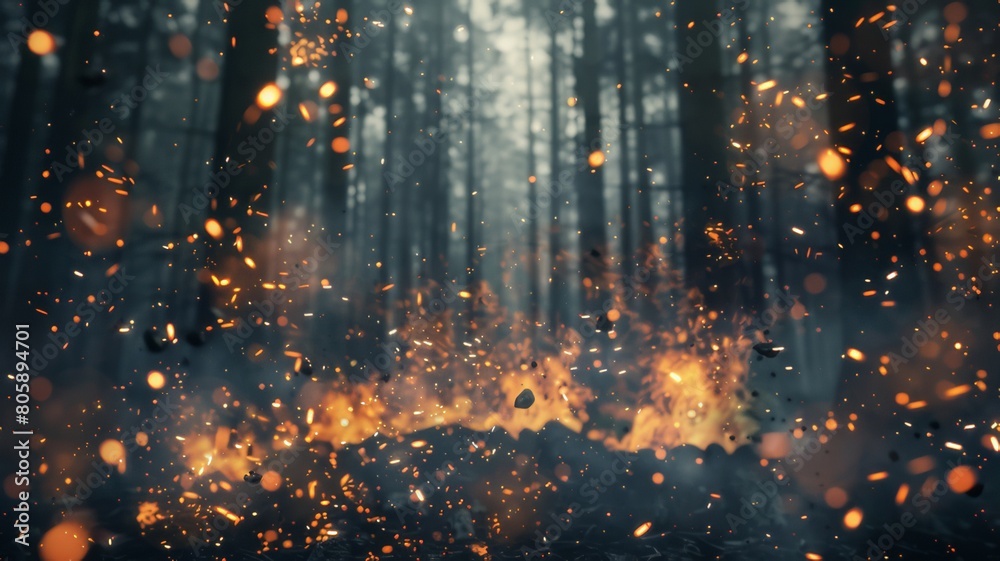 Forest background with particles of fire sparks flying in the air. Abstract image of flame and fire particles. Forest background with particles of fire sparks flying in the air. Abstract image of flame and fire particles.