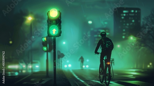 A traffic light glowing green for a cyclist. Concept of cycling in the city. Infrastructure for cycling.