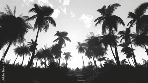 Vector image of silhouettes of palm trees  coconut trees. Black and white illustration.