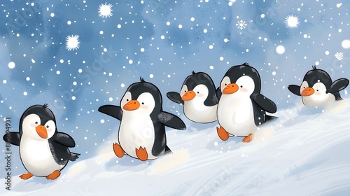 March of the cheerful penguins in a snowy winter wonderland