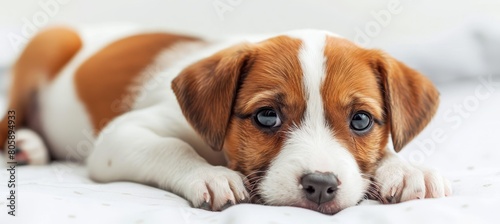 An endearing brown and white Russell Terrier puppy gazes intently at the camera with big, bright eyes. Lying on a white surface, the furry pup's floppy ears and inquisitive expression capture hearts. 