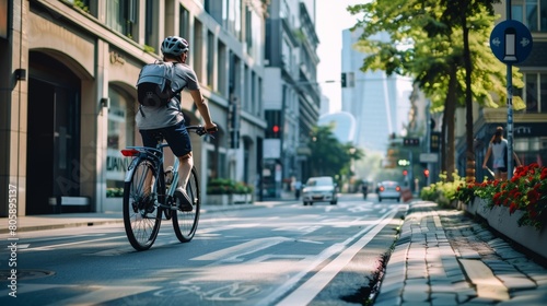 Eco-Friendly Transportation: Person Cycling in Urban Bike Lane © NewaysStock