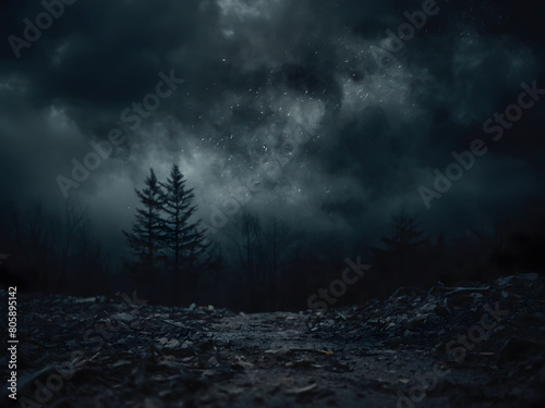 Grim Nightfall  Step into the Gloom of a Gray Grunge Smoke Texture Cascading Across a Dark Sky and Black Night Clouds  Setting the Stage for a Spine-Chilling Horror Background