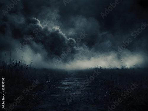 Grim Nightfall, Step into the Gloom of a Gray Grunge Smoke Texture Cascading Across a Dark Sky and Black Night Clouds, Setting the Stage for a Spine-Chilling Horror Background