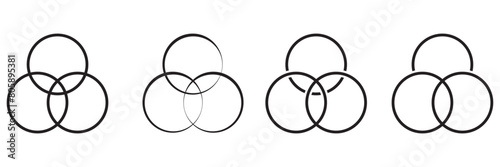 Simple overlapping circles vector drawing, version with three to seven objects, also interlocked rounds style. Vector illustration. Isolated on white background. EPS 10