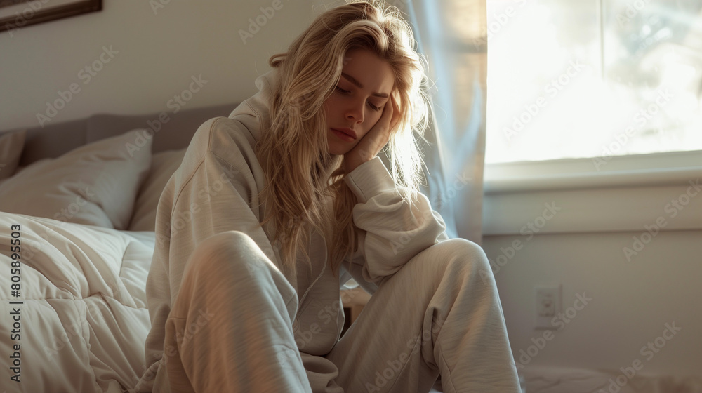 Naklejka premium White bed bedroom vibes of woman holding face in sadness depression miscarriage stillbirth mourning infant baby loss lady grief depressed mental womens health loneliness anxiety DV domestic violence