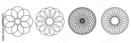 Simple overlapping circles vector drawing, version with three to seven objects, also interlocked rounds style. Vector illustration. Isolated on white background. EPS 10