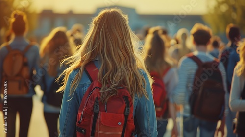 A group of students walking on the campus, one blonde girl with backpack is in focus. She has long hair, wearing jeans jacket and red backpack.