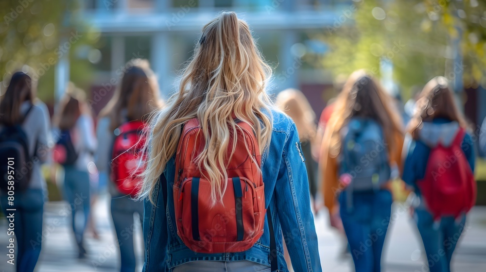 A group of students walking on the campus, one blonde girl with backpack is in focus. She has long hair, wearing jeans jacket and red backpack. A group of students walking on the campus, one blonde girl with backpack is in focus. She has long hair, wearing jeans jacket and red backpack.