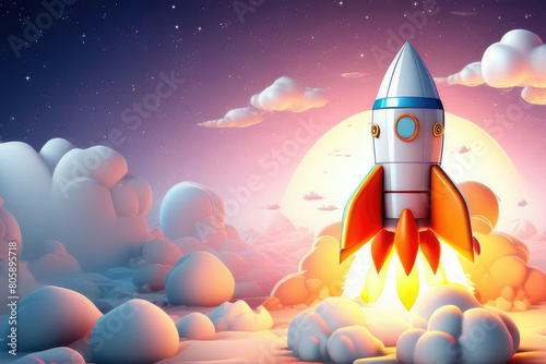 cartoon background Rocket in the sky 3d