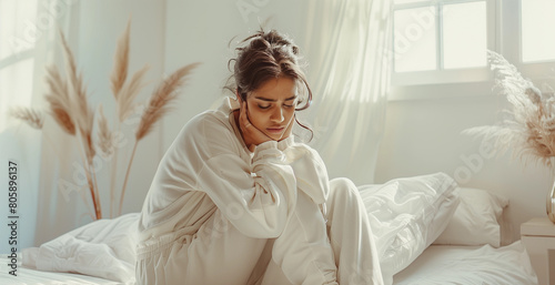 White bed bedroom vibes Aboriginal woman holding stomach in pain period cramp pcos endo with discomfort menstrual cycle female lady depression fatigue hormone gynecology womens health fertility DV