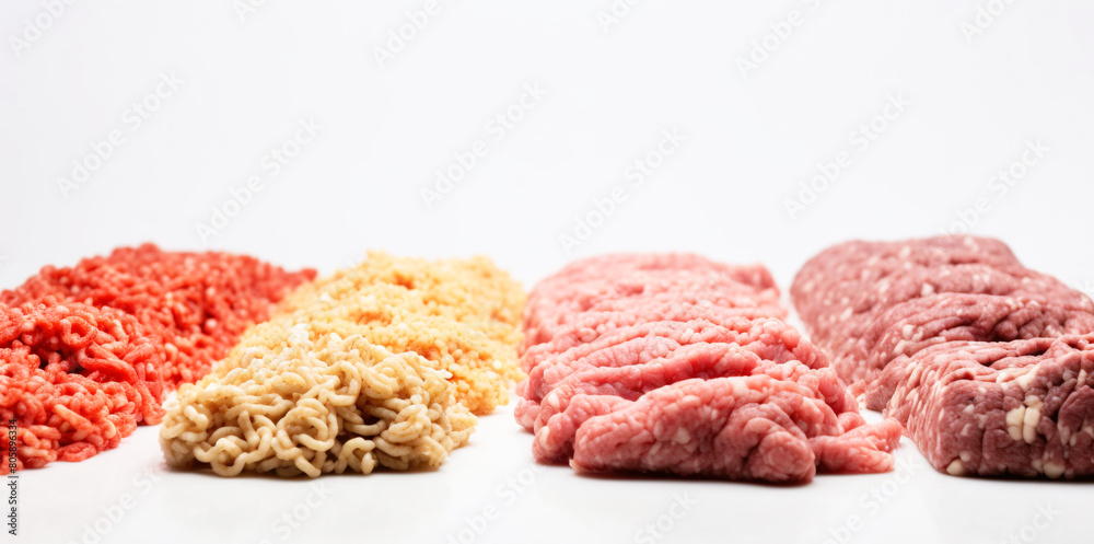 Various minced meat in a row, culinary ingredient, white background isolate. AI generated. Various minced meat in a row, culinary ingredient, white background isolate. AI generated.