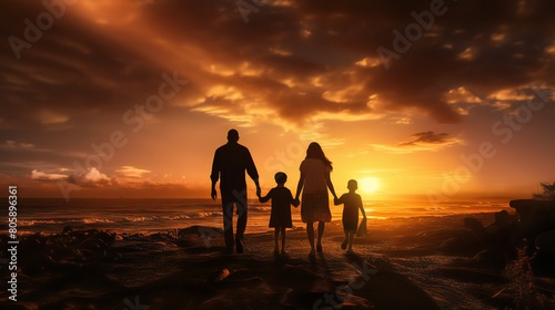 Sunsetting with a happy family: mom, dad, son, and daughter
