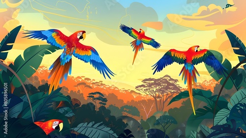 Parrots take flight at sunrise in a vibrant tropical jungle