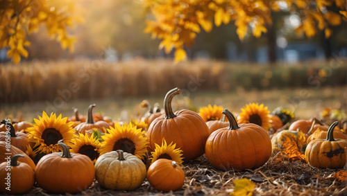 Harvest Celebration, Vibrant Autumn Background Featuring Pumpkins, Fall Leaves, and Sunflowers in Warm Seasonal Colors. photo