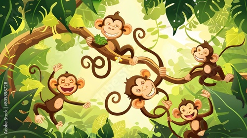 Playful monkeys swinging through a vibrant jungle