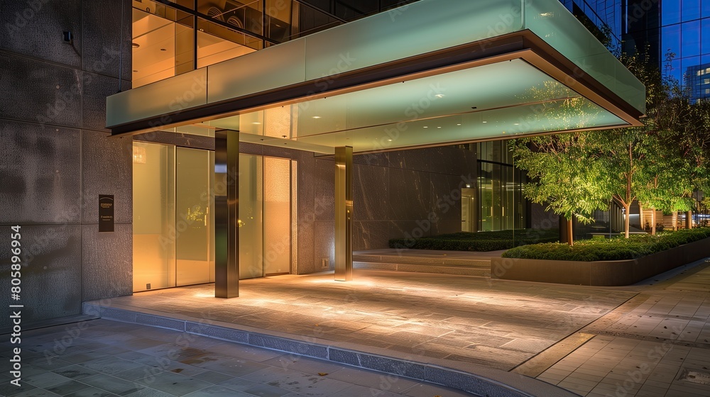 Sleek entrance with a frosted glass canopy and a linear granite path Sleek entrance with a frosted glass canopy and a linear granite path