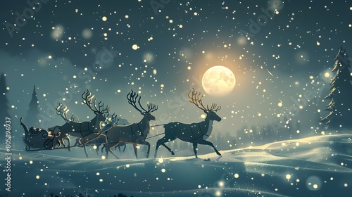 Reindeer trotting under a full moon in a snowy nocturnal landscape