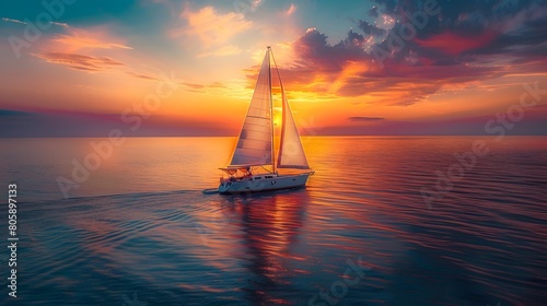 A luxury sailboat sailing on the sea at sunset, showcasing its elegance as it glides through calm waters. The boat is adorned with white sails that billow in the wind against a backdrop of vibrant sky