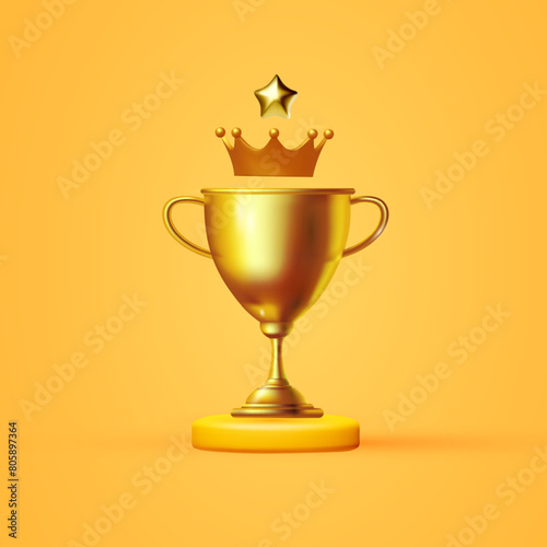 3D winners cup with crown. Trophy cup. Vector award nomination background.