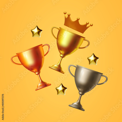3D winners cup. Trophy cup. Gold, silver and copper. Vector award nomination background.