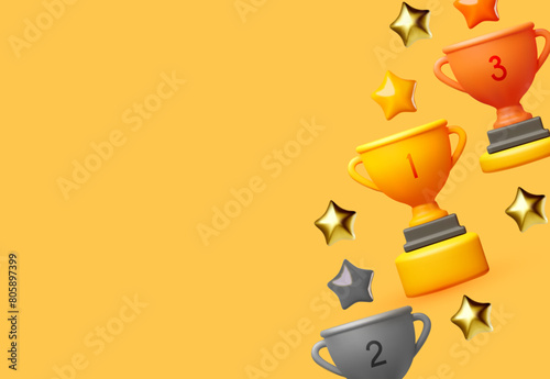 3D winners cup. Trophy cup. Gold, silver and copper. Vector award nomination background.