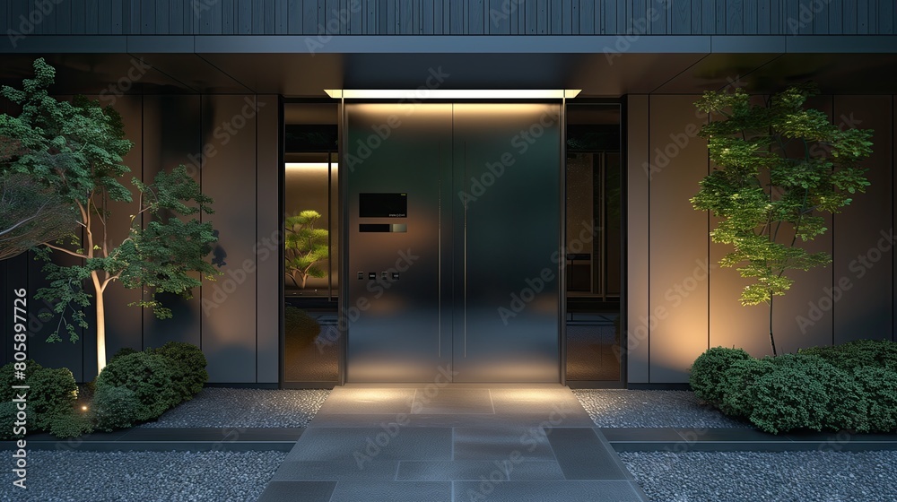 Fototapeta premium Sleek entrance with a minimalist steel door and a smart climate control vestibule