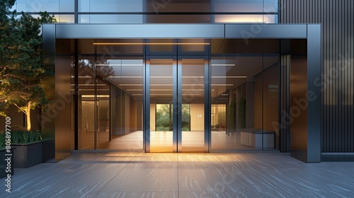 Sleek entrance with a minimalist steel door and a smart climate control vestibule