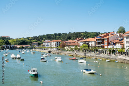 Plentzia town with river and pleasure boats.